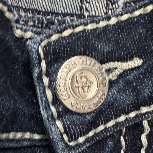 Live Hard Play Hard Design Silver Rhinestone Bootcut Mid-Rise Jeans Sz 30 L 36 - Picture 7 of 13